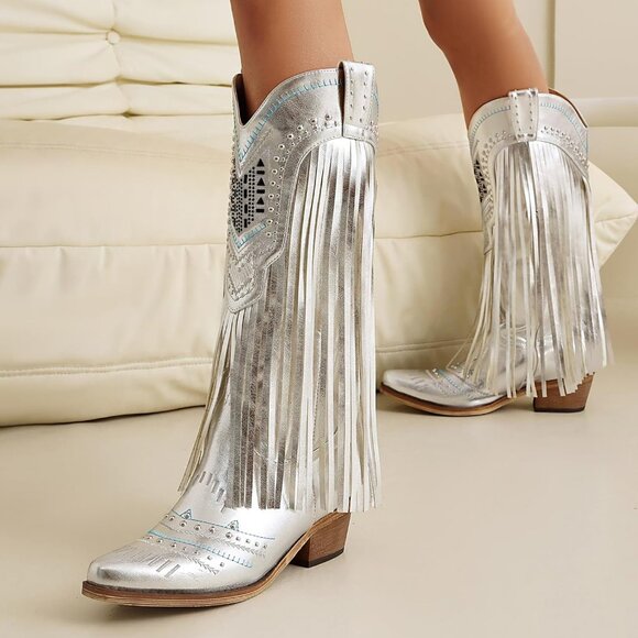 Women's Silver Wide Calf Embroidered Tassal Cowgirl Boot Knee High Snip Toe - Picture 3 of 6
